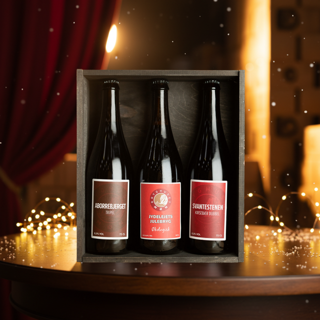 Gaveæske i træ m. 3 x 75 cl. øl