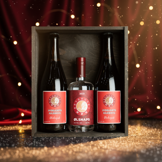 Jule Gaveæske i træ m. 2 x 75 cl. + Øl Snaps